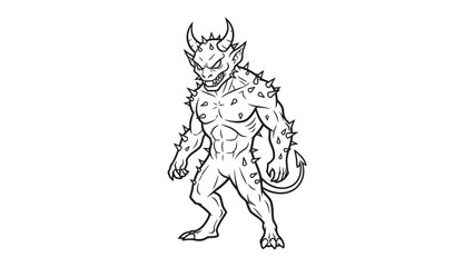 Fototapeta premium Mysterious Fiend Illustration: An illustration of an intense devil creature, standing with menacing posture and holding a tail. It has intricate horns and skin with the details.
