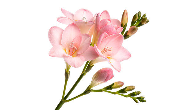 Freesia flowers in soft pink color with buds isolated on transparent background