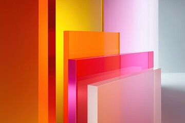 Colorful layers of acrylic panels arranged in a modern space with light shining through in the afternoon