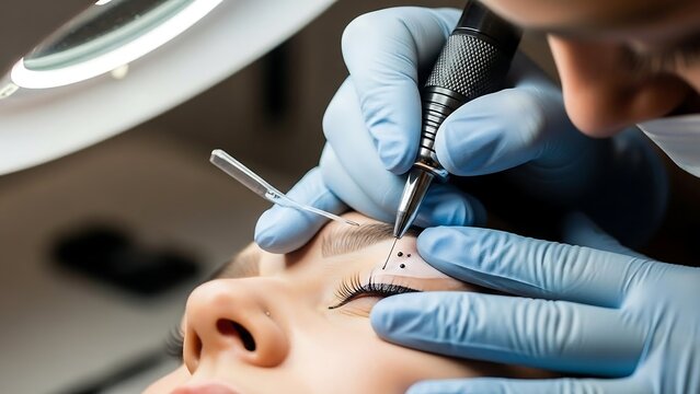 Close-up of permanent eyebrow makeup procedure.