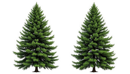 Obraz premium Two detailed green coniferous fir trees standing side by side with dense pine needles on transparent background