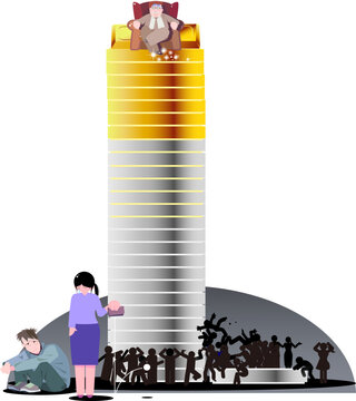 Conceptual Illustration of Social Inequality and Wealth Gap with a Rich Man Atop a High Tower Above Struggling People