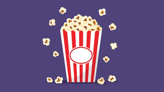 Classic red and white striped bucket overflowing with buttery popcorn on a deep purple background with kernels scattered around.