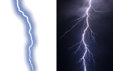Dramatic Lightning Strike in a Stormy Night Sky Alongside a Glowing Electric Blue Bolt on White, Symbolizing Raw Power.