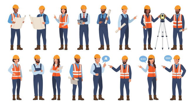 Diverse professionals in hard hats and safety vests collaborating on construction site projects