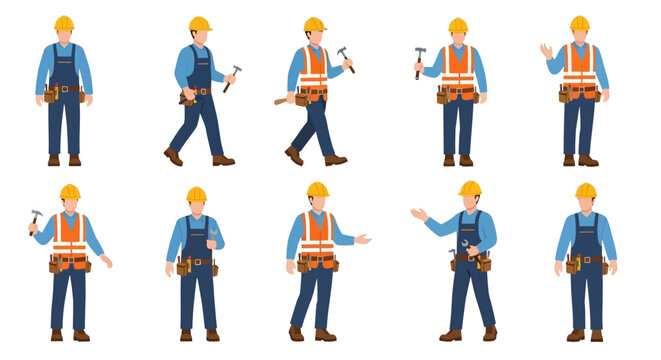 Construction worker in various poses and actions on a white background, showcasing different tasks and tools, from Whisk vector illustration