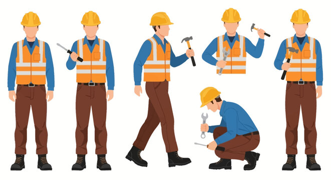 Construction worker in various poses with tools, showcasing different actions and viewpoints in an industrial setting, Whisk_27c58dbd88b5ccaba0240cad2b0c644fdr.eps