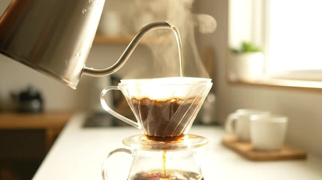 Brewing coffee at home with pour-over method using a gooseneck kettle and glass dripper for a morning ritual