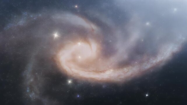 A breathtaking depiction of a luminous spiral galaxy suspended in the inky expanse of space, punctuated by shimmering stars and cosmic dust