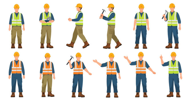 Construction workers in safety gear performing various tasks on a building site