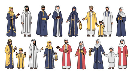 Illustration of people in traditional robes walking together in a procession with lanterns