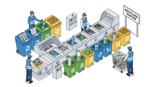 Recycling station illustration with workers sorting waste on a conveyor belt.