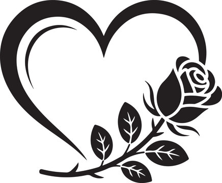 Elegant Black and White Heart and Rose Silhouette Romantic Floral Design for Prints and Creative Projects Symbolizing Love Vector