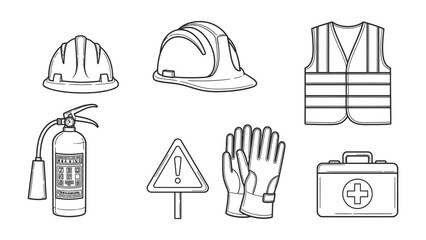 Safety Tools Collection: A curated collection of essential safety tools, including a hard hat, reflective vest, fire extinguisher, warning sign, gloves, and first aid kit.