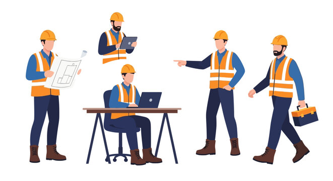 Construction workers collaborating and working on a project in an office environment viewed from the side