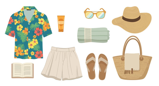 Summer holiday essentials laid out flat including clothing, accessories, and beachwear in a stylish arrangement on a clean background.