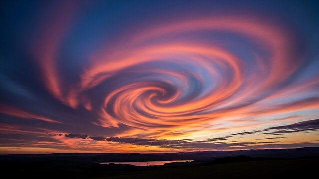Vibrant swirling clouds at sunset sky.