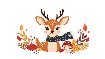 Fototapeta premium Adorable baby deer wearing a patterned scarf surrounded by colorful autumn leaves and a small smiling mushroom character.
