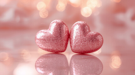 Obraz premium Pink Glitter Hearts with Rose Gold Bokeh Romantic Valentine Background