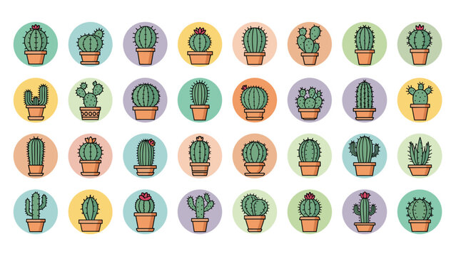 Colorful grid of thirty two different cactus icons in small circles displays a variety of desert plant species for web or app design.