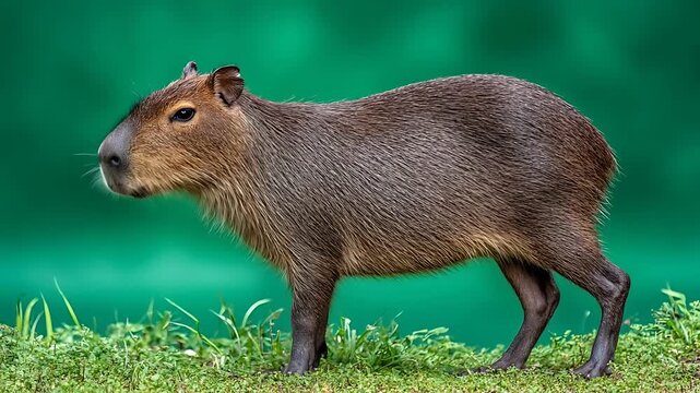 A capybara walking on grass in a serene natural environment, captured in a clear daytime view, showcasing its brown fur and rodent features