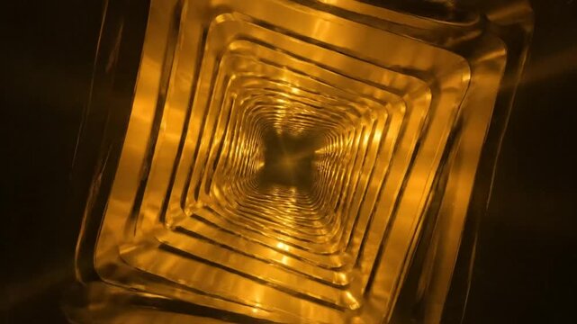 Abstract golden geometric tunnel perspective showing endless squared layers and light reflections