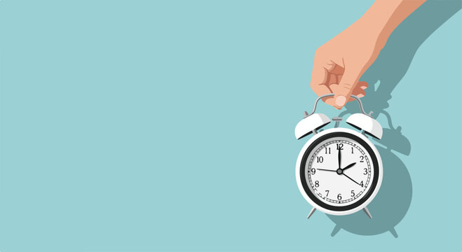 An illustrated hand holding an alarm clock against a light blue background, symbolizing Daylight Saving Time begins in spring.