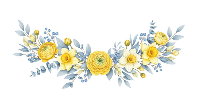 Delicate watercolor illustration of stylized yellow flowers and blue-grey leaves in a horizontal arc arrangement on a stark white studio background, embodying botanical elegance concept