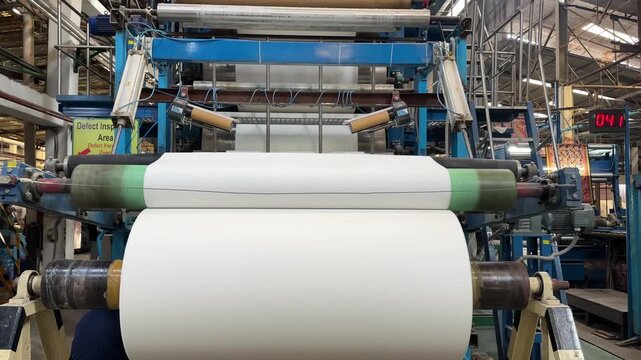 Top view of textile mercerizing machine treating fabric rolls