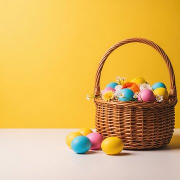 Easter sunday celebration with colorful easter eggs in a woven basket