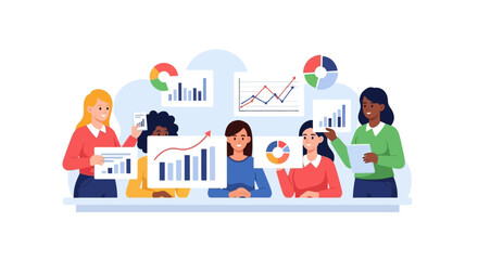 Fototapeta premium Diverse Women Business Team Analyzing Data Graphs. Female Colleagues Reviewing Charts for Financial Growth Strategy and Corporate Presentation.