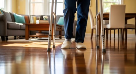 Person Using Walker at Home For Mobility and Recovery After an Injury or Surgery