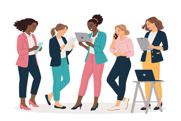 Obraz premium Successful Female Leadership Team: Multicultural Businesswomen Collaborating in Modern Office Environment. business women set on transparent Background, Using Digital Devices, Phones, leptop 