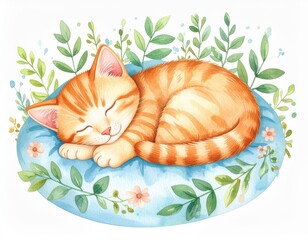 Watercolor of cat sleeping on pillow soft watercolor portrays feline in peaceful slumber