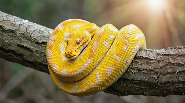 Vibrant yellow snake coiled on tree branch in natural setting