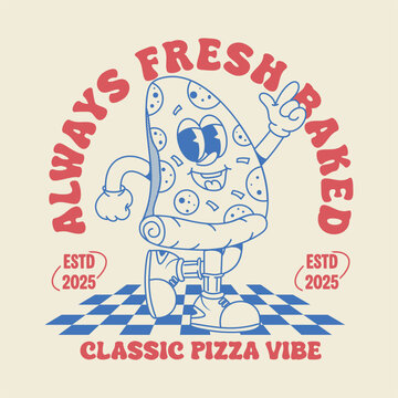 Retro pizza mascot character illustration for streetwear and t-shirt design, featuring vintage typography and classic cartoon style