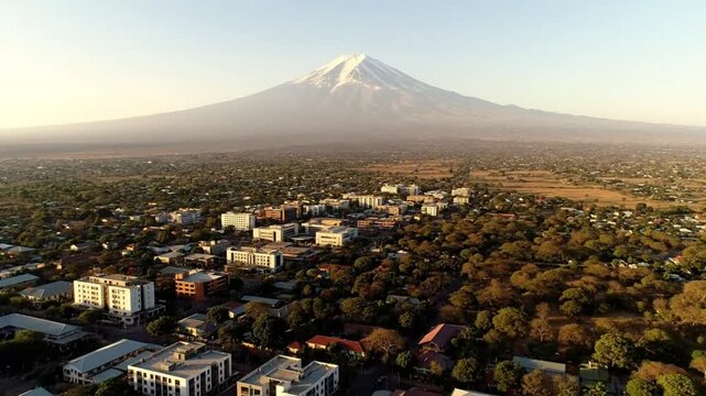 Aerial view of a town nestled at the base of a majestic snow-capped mountain under a clear sky