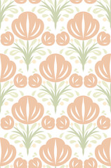 Fototapeta premium Seamless folk art floral pattern with stylized flowers and leaves in soft tones. Decorative surface design for textiles, wallpapers