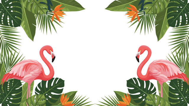 Decorative frame featuring two pink flamingos and lush tropical green leaves and flowers around a white central space for custom text.