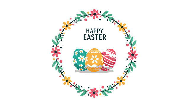 Happy Easter greeting message inside a colorful floral wreath with three decorated easter eggs at the bottom on a white background.