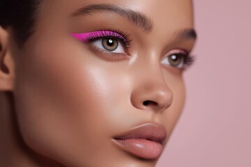 Fototapeta premium Model shows pink eyeliner look on a neutral background during a makeup session with soft lighting