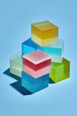 Obraz premium Colorful blocks of gel stacked on a blue background in a simple arrangement with soft shadows in natural light