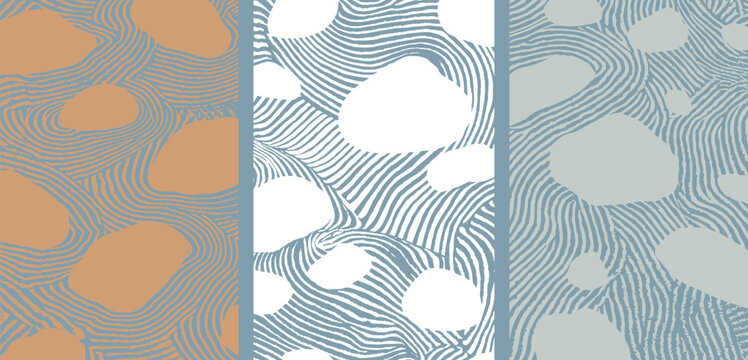 Minimalist Japanese-inspired Zen garden pattern set with raked sand ripples and smooth stones. Hand-drawn etching in earthy tan, slate blue, and sage green with a vintage aesthetic.