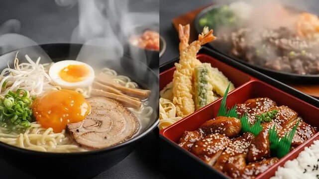 Delicious Japanese Food Assortment Featuring Ramen and Bento Box.