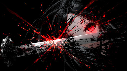 Reflection of anime girl red eye on sharp katana blade surface