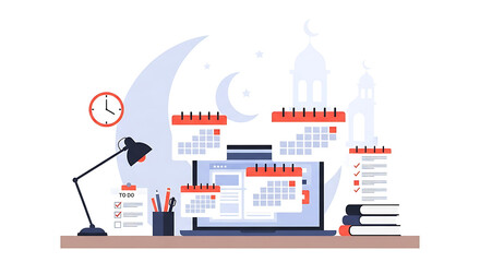 Fototapeta premium Modern digital workspace setup illustrates efficient time management and task organization, featuring a laptop with multiple calendar applications, a clock, and subtle cultural architectural elements.