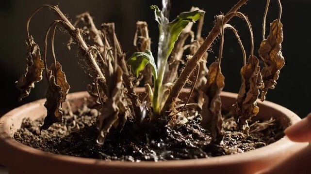 Wilted plant in terracotta pot with dying leaves and green stem.