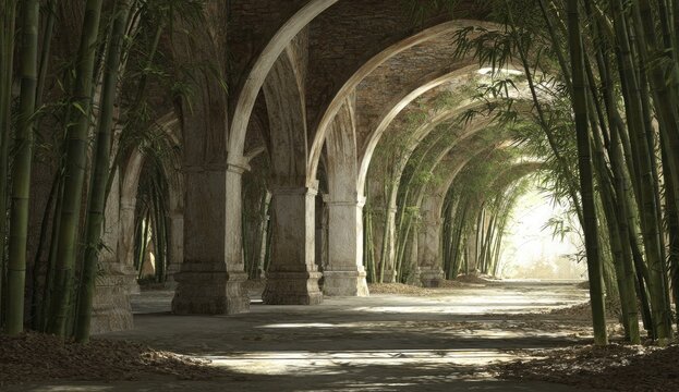 Arched corridor bathed in sunlight, flanked by dense bamboo stalks and leaves. Rustic stone and shadows create depth