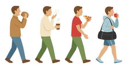 Fototapeta premium Men eating fast food and snacks while walking vector illustration