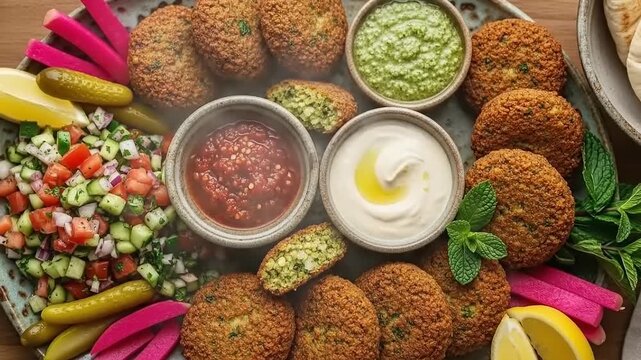Delicious Middle Eastern Falafel Platter with Dips and Salad.